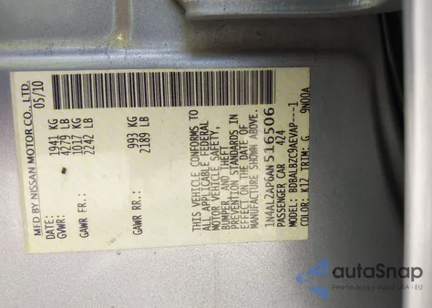 2010 Nissan Altima 2.5 S z USA, uszkodzony, nr VIN 1N4AL2AP6AN516506